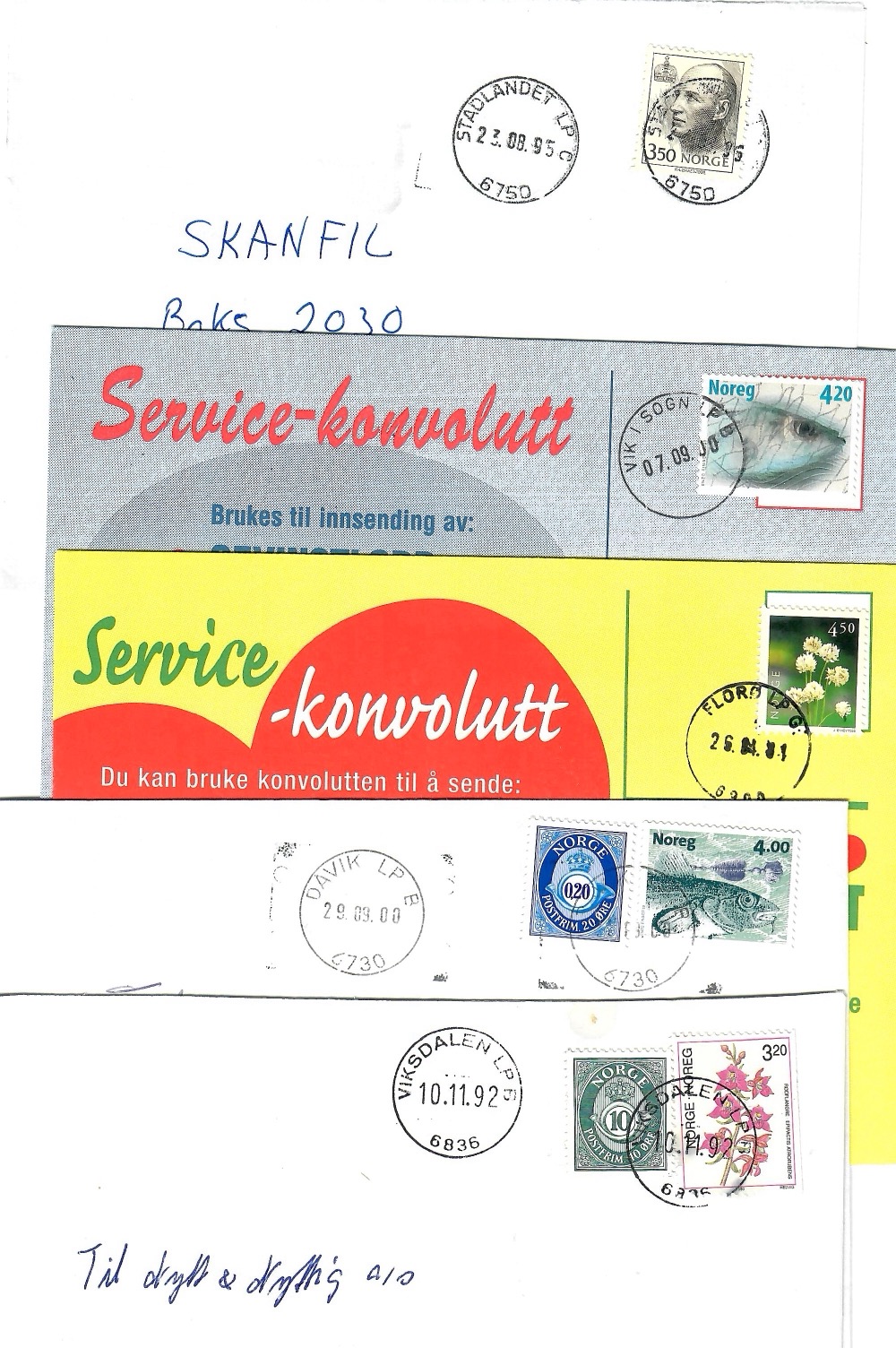 5 brev med LP-Stempel frå Sogn og Fjordane