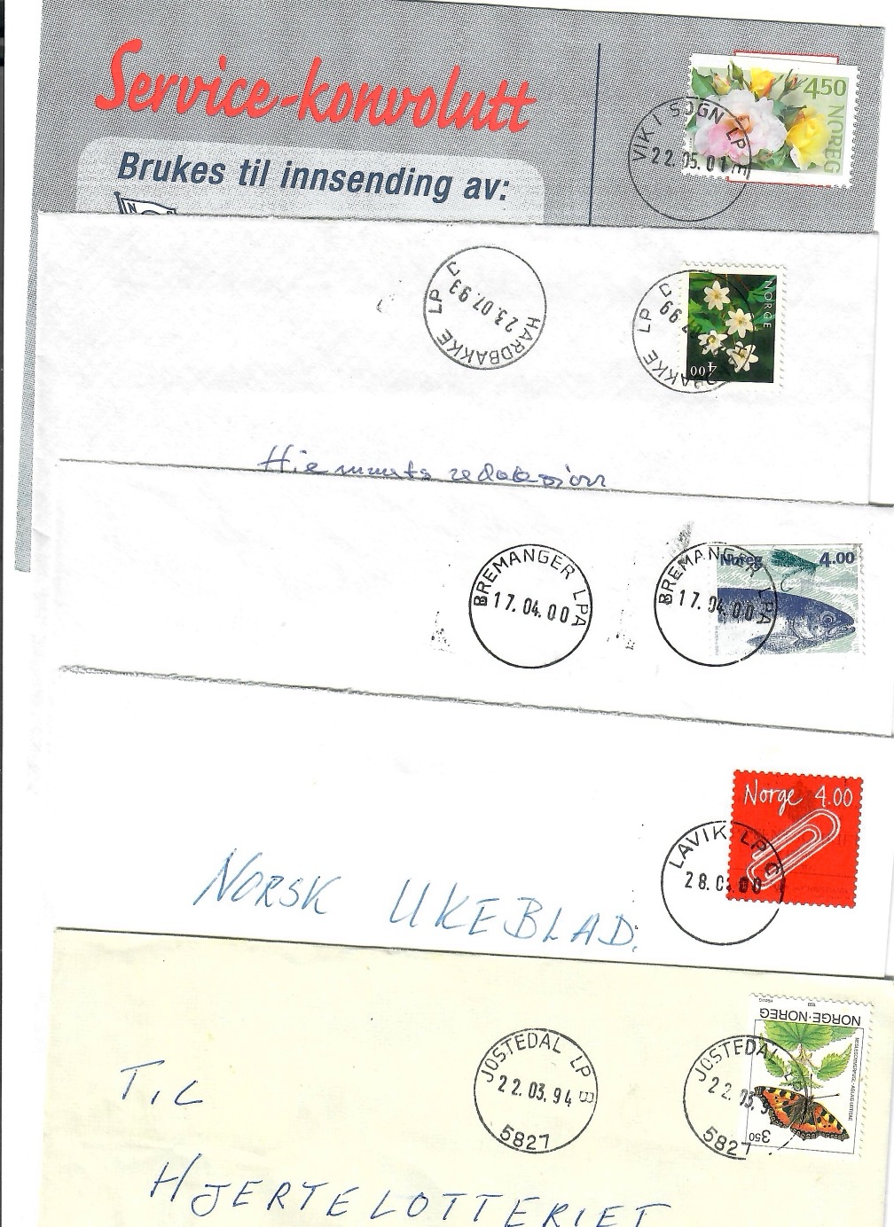 5 brev med LP-Stempel frå Sogn og Fjordane