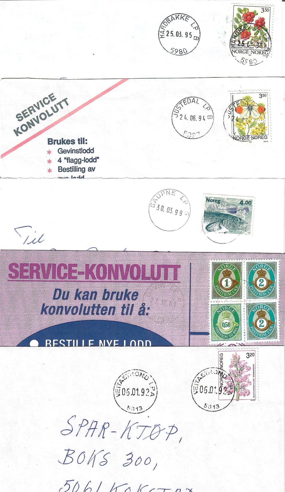 5 brev med LP-Stempel frå Sogn og Fjordane