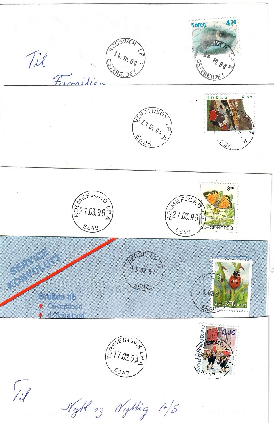 5 brev med LP-Stempel frå Hordaland