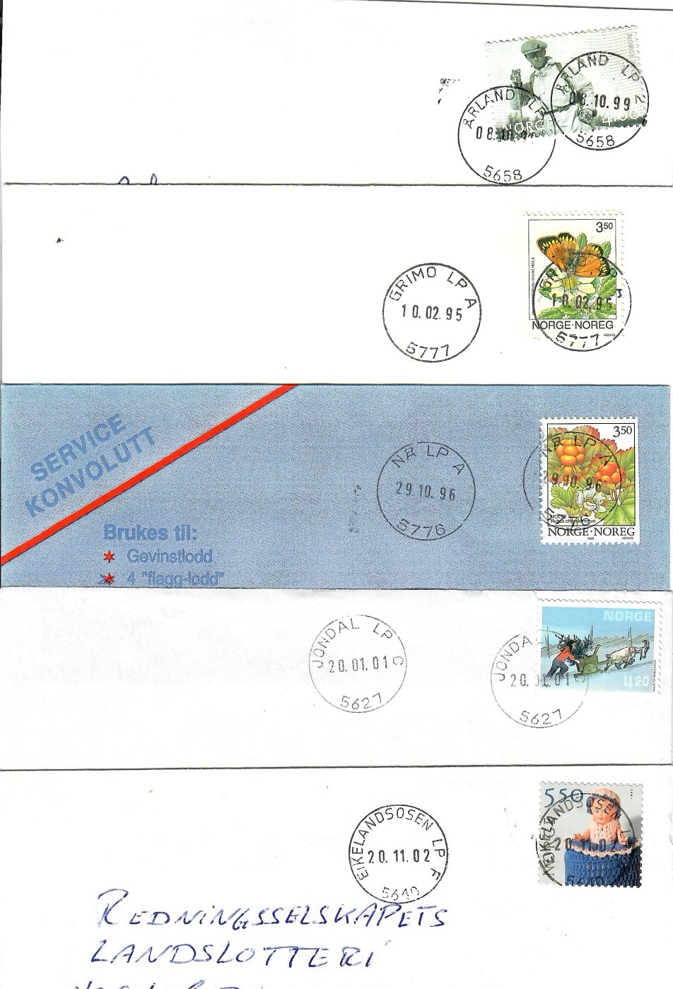 5 brev med LP-Stempel frå Hordaland