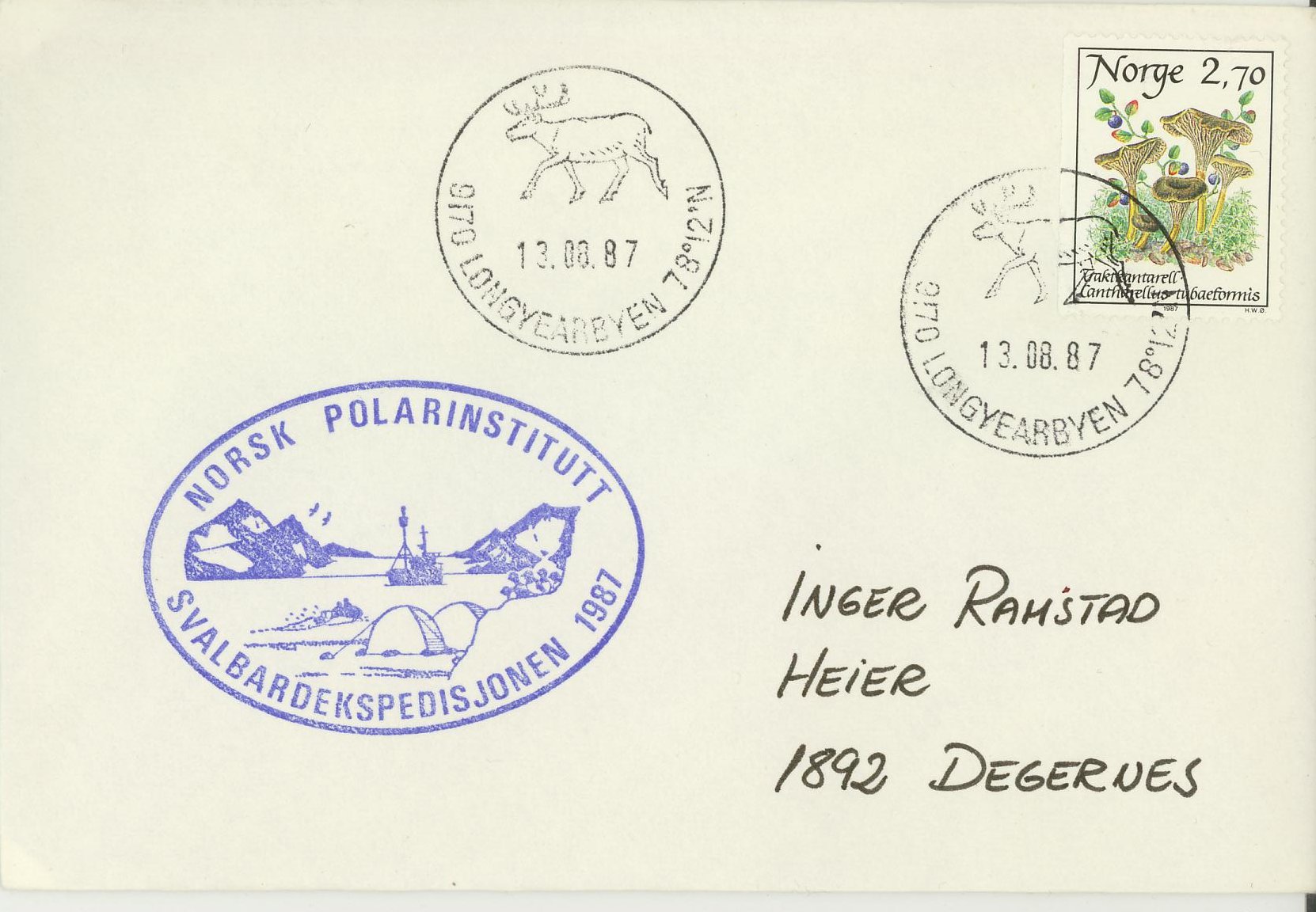 Norsk Polarinstitutt / Svalbardekspedisjonen 1987. Stemplet i Longyearbyen.