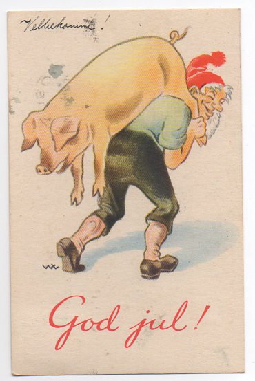 W. Lunden Nisse med gris på ryggen småformat brukt 1945