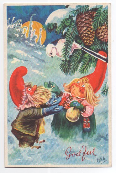 Chr. Kittelsen 2 nisser og fugel småformat brukt 1960