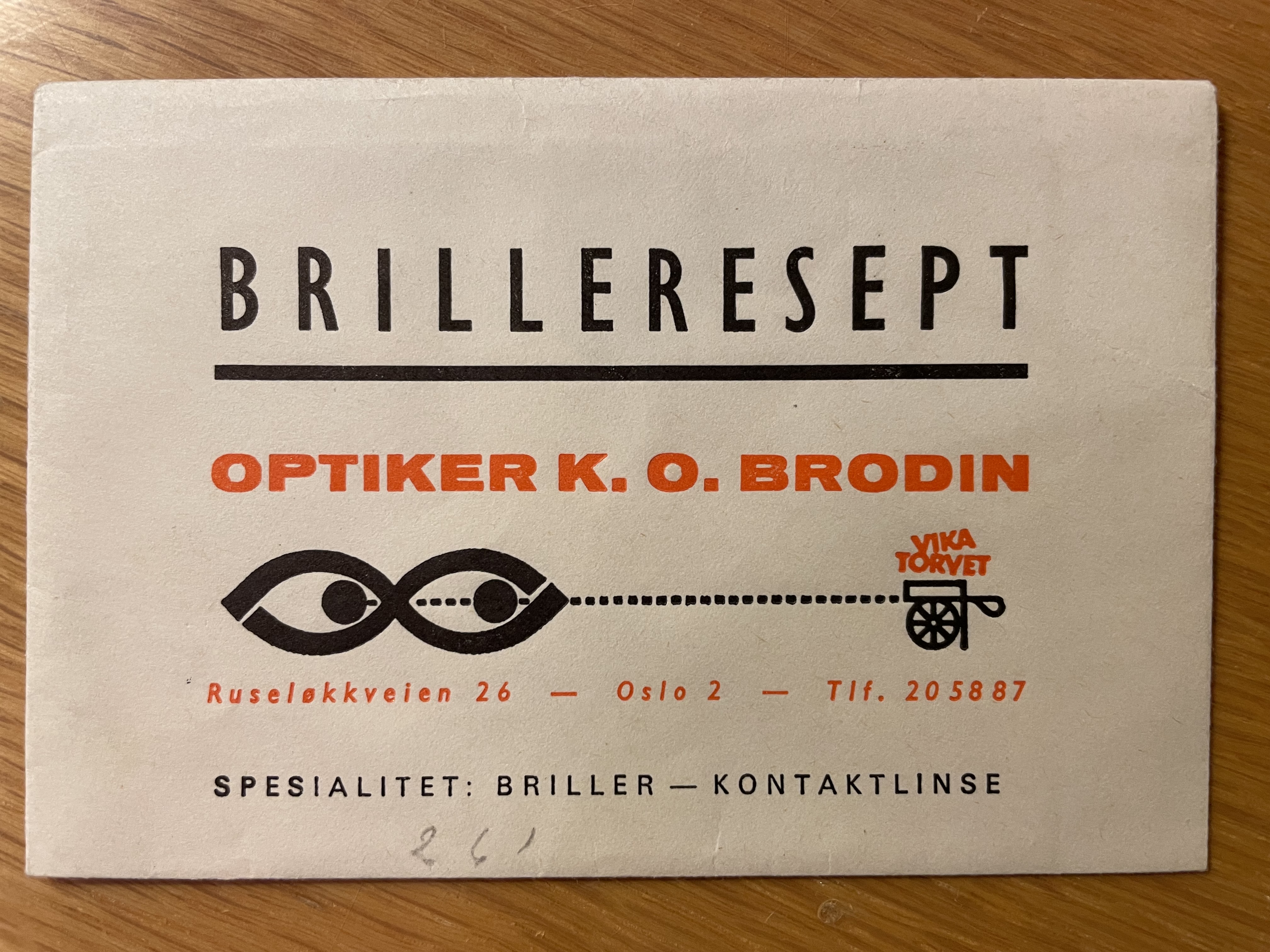 brillereseptkonvolutt optiker K.O. Brodin, Oslo