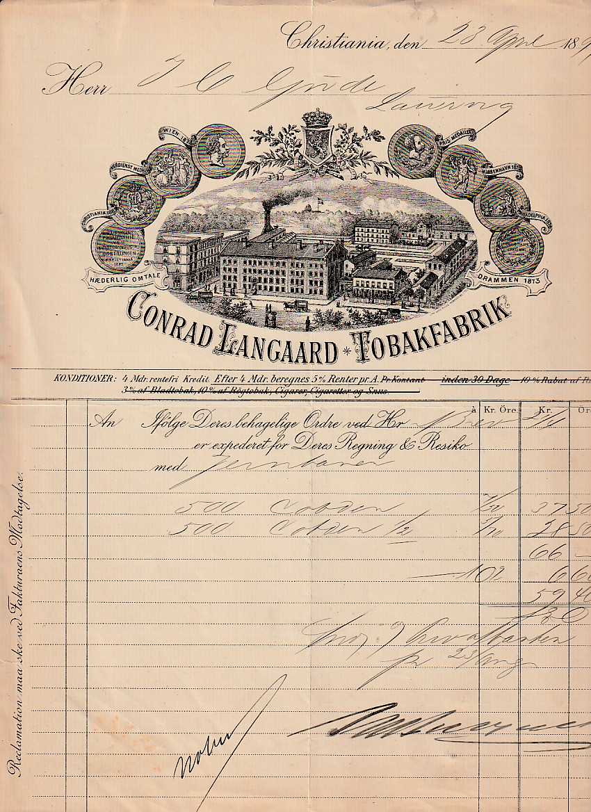 (873) CONRAD LANGAARD TOBAKFABRIK- CHRISTIANIA 1897
