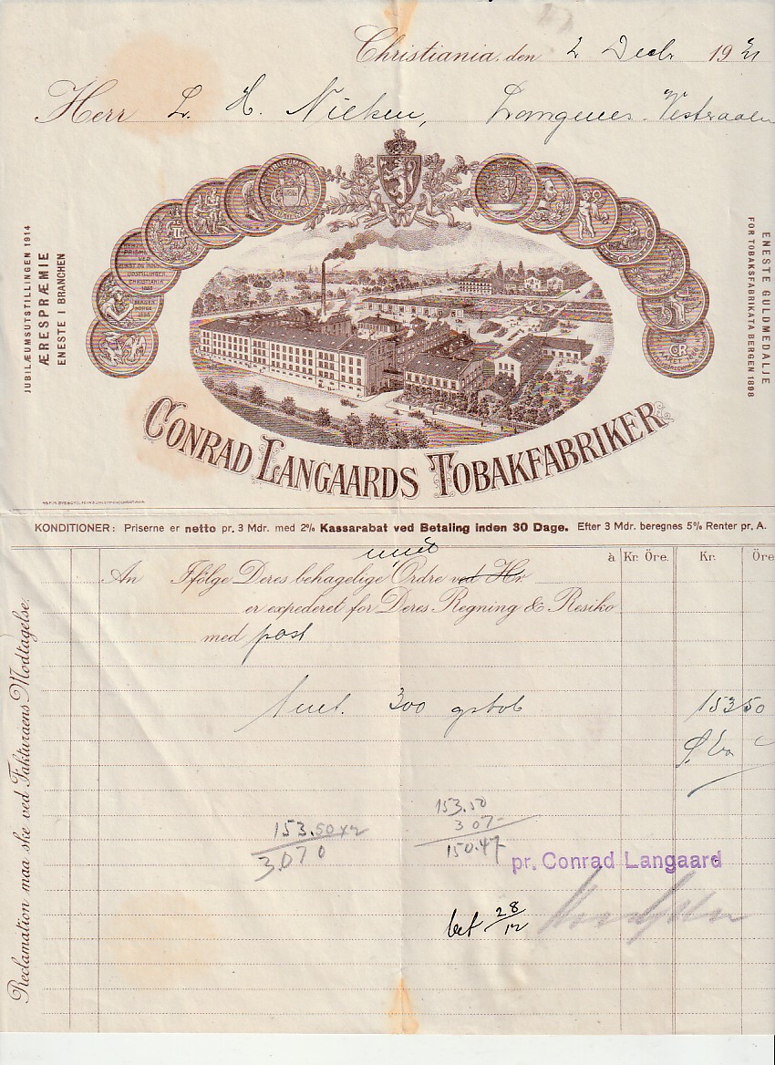 (874) CONRAD LANGAARDS TOBAKFABRIK - CHRISTIANIA 1921