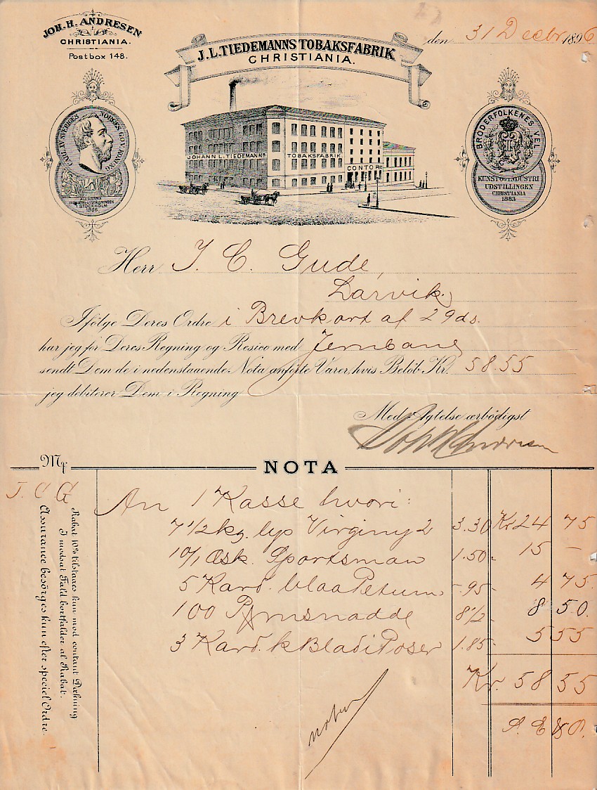 (  876)  J.L. TIEDEMANNS TOBAKKSFABRIK-  CHRISTIANIA  1896
