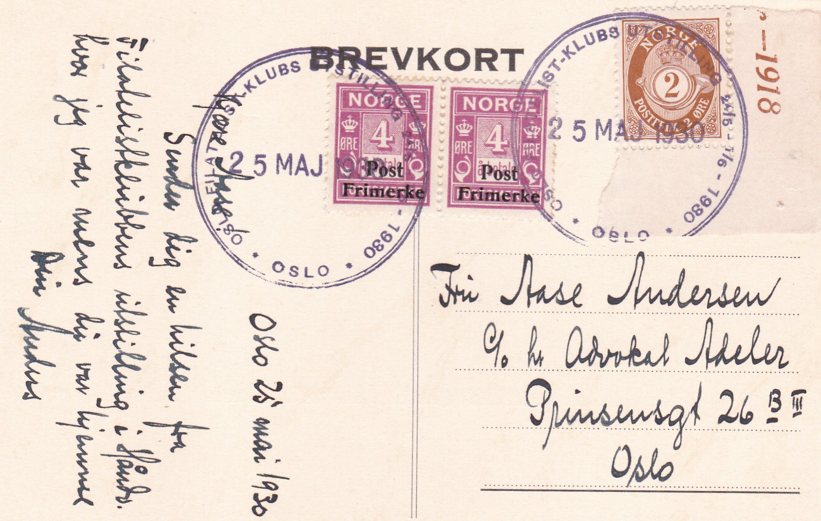 Brevkort stp OSLO FILATELISTKLUBB UTSTILLING 1930