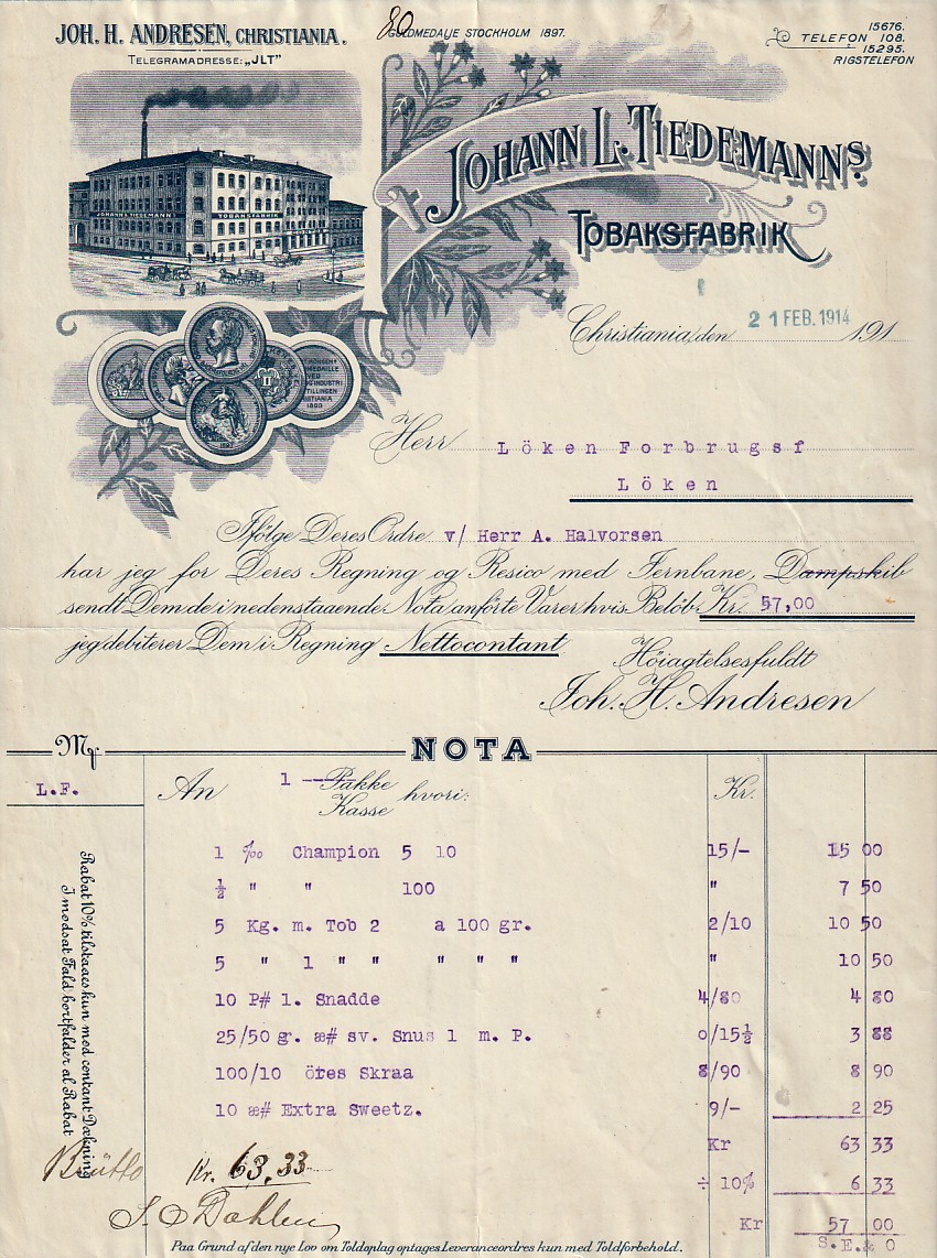 (877)  JOHANN L. TIEDEMANNS  TOBAKSFABRIK- CHRISTIANIA   1914