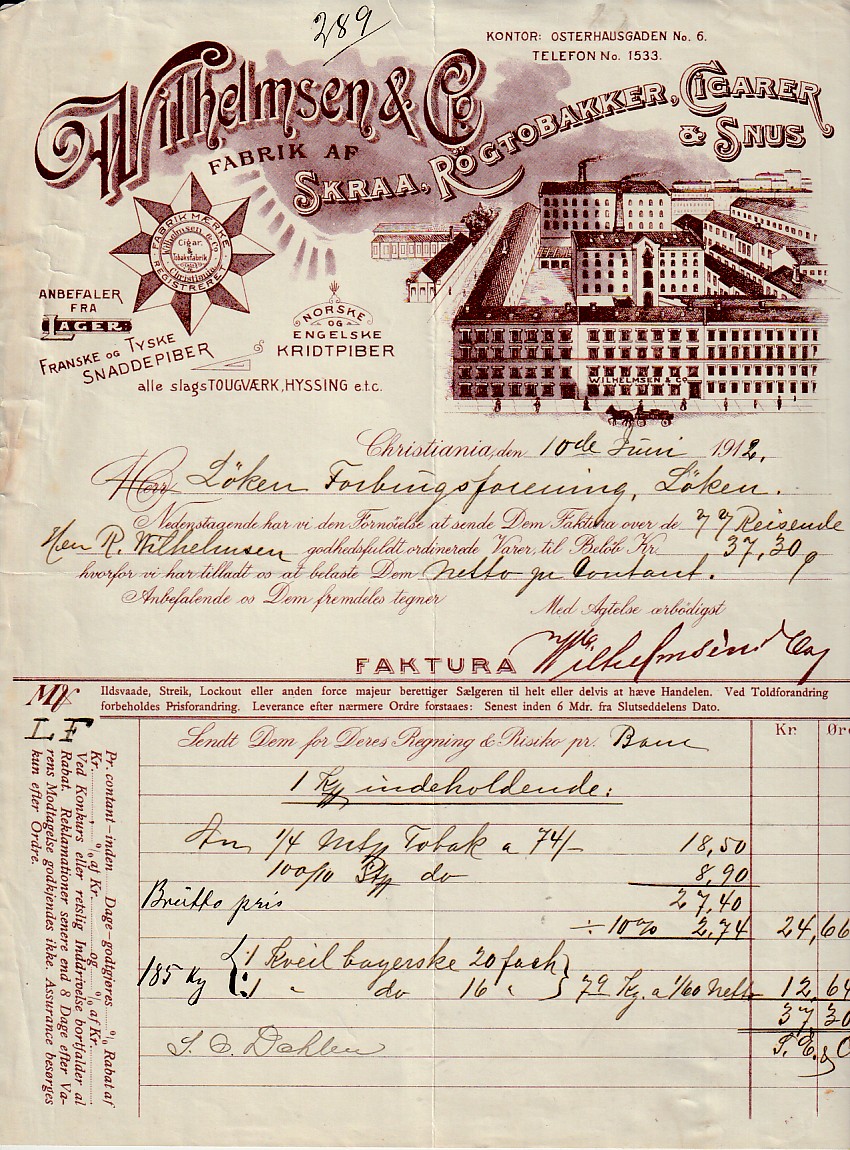 ( 878 ) WILHELMSEN & CO RØGETOBAK- CHRISTIANIA 1912
