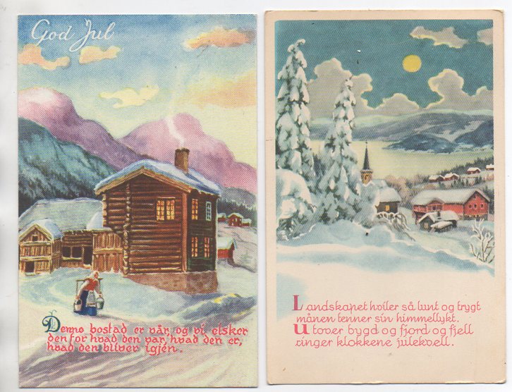 2 småformat med tekst under motiv brukt 1958 / 62