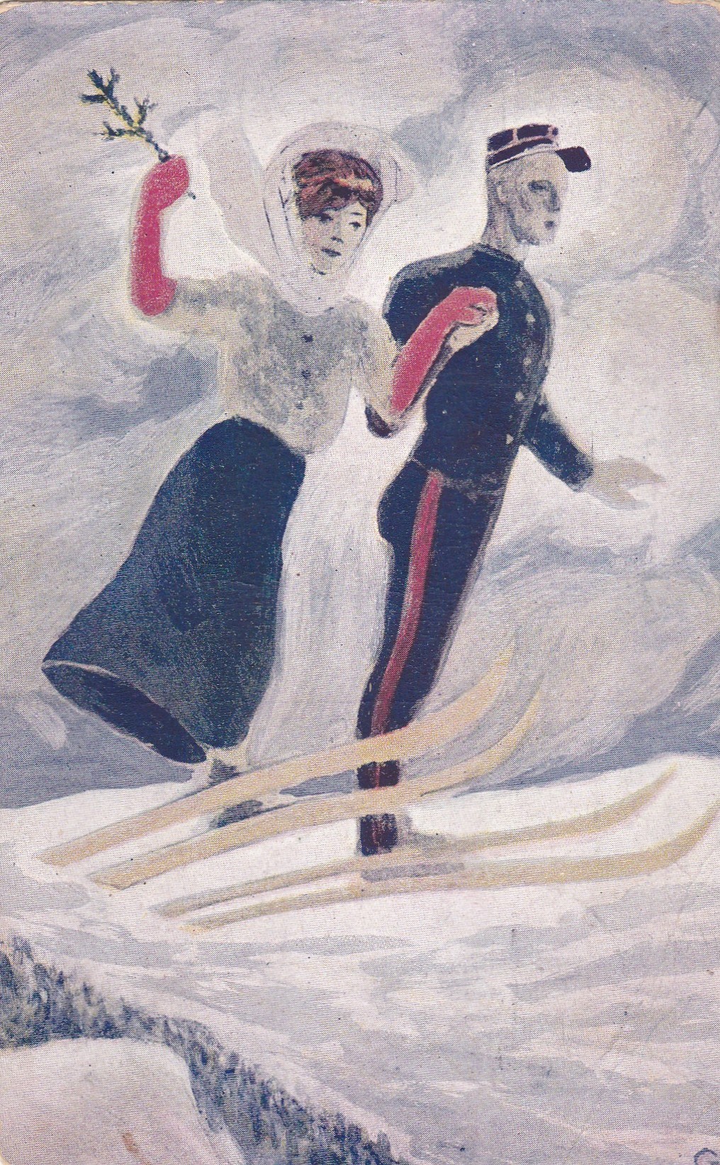 Gustav Lærum: Soldat og dame hopper på ski ( (Nordisk kortforlag 100)