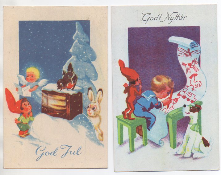 A.T-n 2 småformat med nisse, et brukt 1945