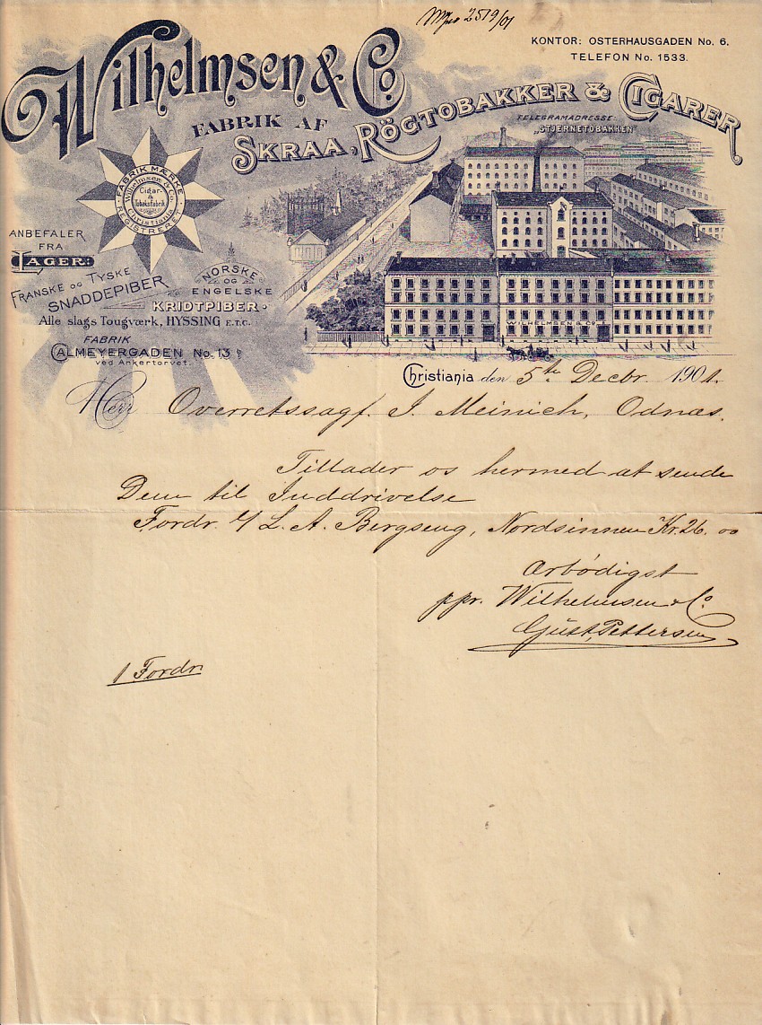 (879)  WILHELMSEN &  CO  RØGETOBAK - CHRISTIANIA  1901