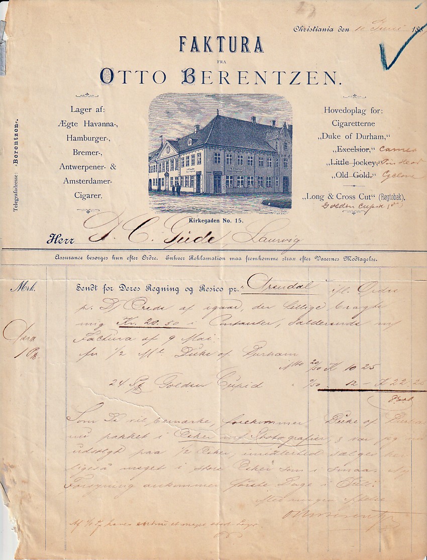 ( 880)  OTTO BERENTZEN  CIGARBUTIKK  MM-  KRITIANIA  1897
