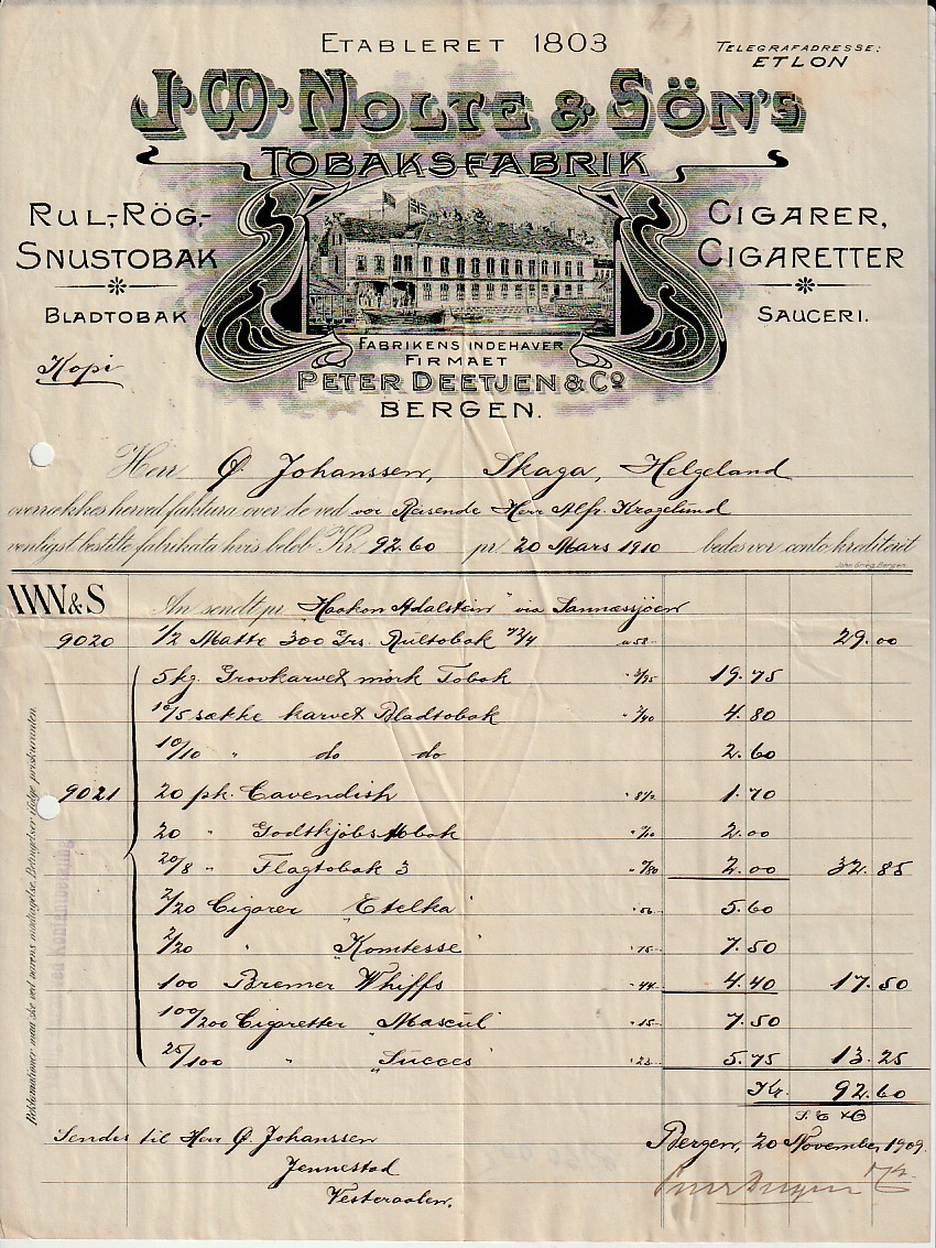 ( 881)  J.W. NOLTE & SØNS  TOBAKSFABRIK-  BERGEN  1910