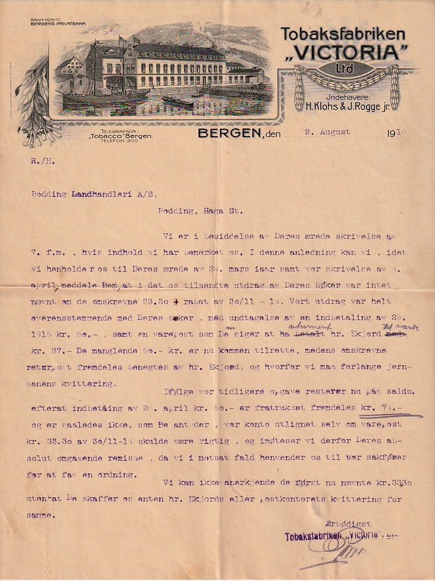 ( 882) -  TOBAKSFABRIKEN VICTORIA - BERGEN  1916
