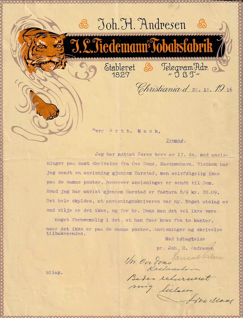 ( 885) J.L. TIEDEMANN TOBAKSFABRIK-  CHRISTIANIA  1916