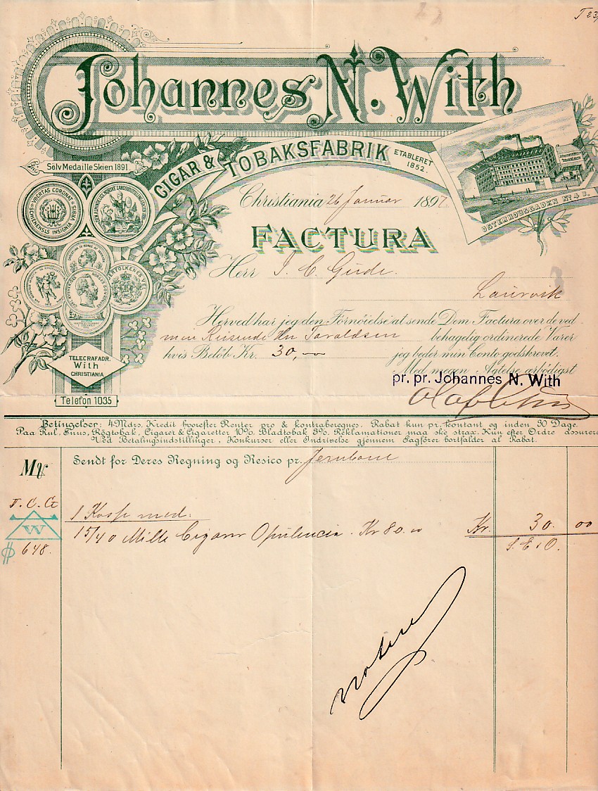 (  886) - JOHANNES  N. WITH  TOBAKSFABRIK- CHRISTIANIA 1897