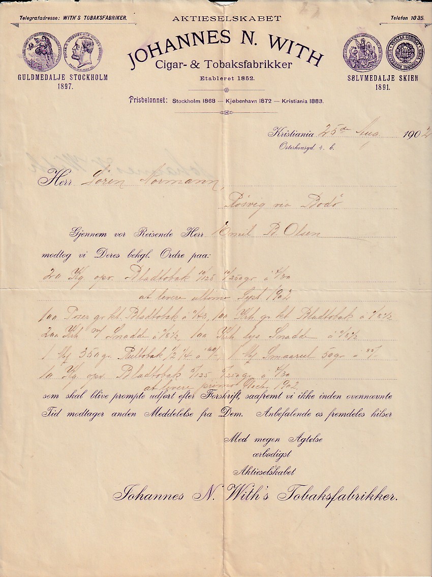 ( 888)  JOHANNES N. WITH  CIGAR OG TOBAKSFABRIKER- KRISTIANIA  1902