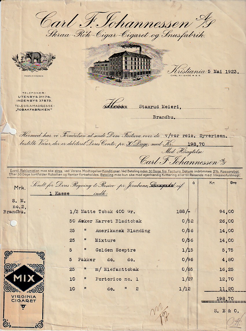 ( 889) - CARL F. JOHANNESSEN  CIGAR OG  TOBAKSFABRIK- KRISTIANIA  1923