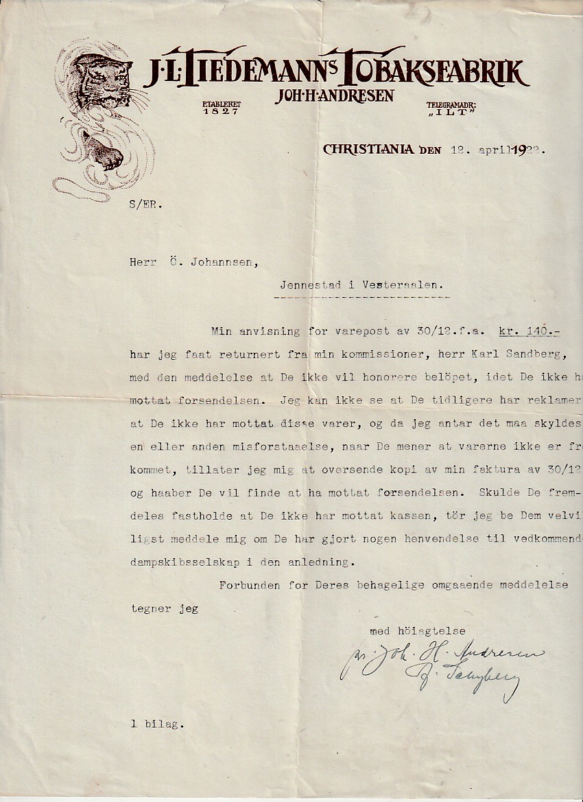 (  894 ) - J.L.TIEDEMANNS  TOIBAKSFABRIK-  CHRISTIANIA  1922