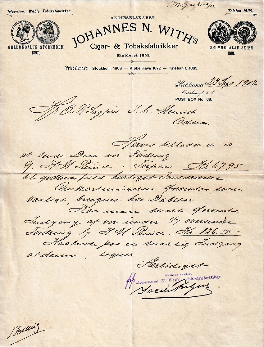 ( 896) JOHANNES N. WITHS CIGAR OG TOBAKSFABRIKKER- KRISTIANIA 1912
