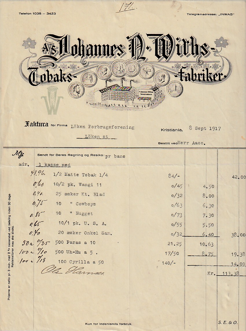 ( 897 )  JOHANNES  N. WITHS  TOBAKSFABRIKER - KRISTIANIA  1917