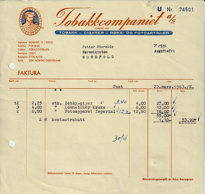 ( 898) - TOBAKKCOMPANIET - OSLO 1963