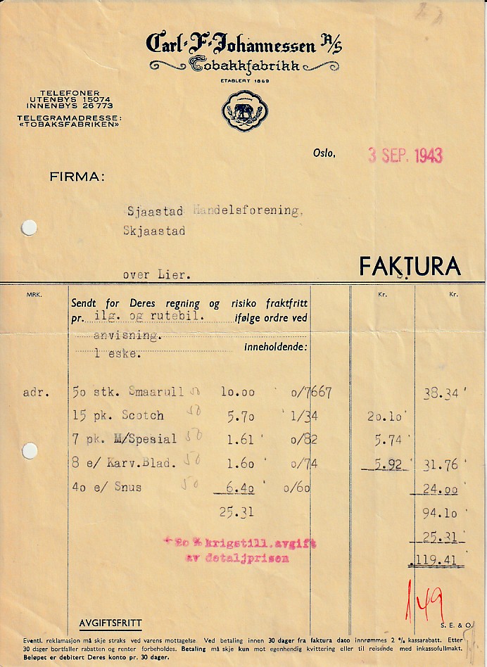 ( 899) - CARL F. JOHANNESSEN TOBAKKFABRIK- OSLO 1943