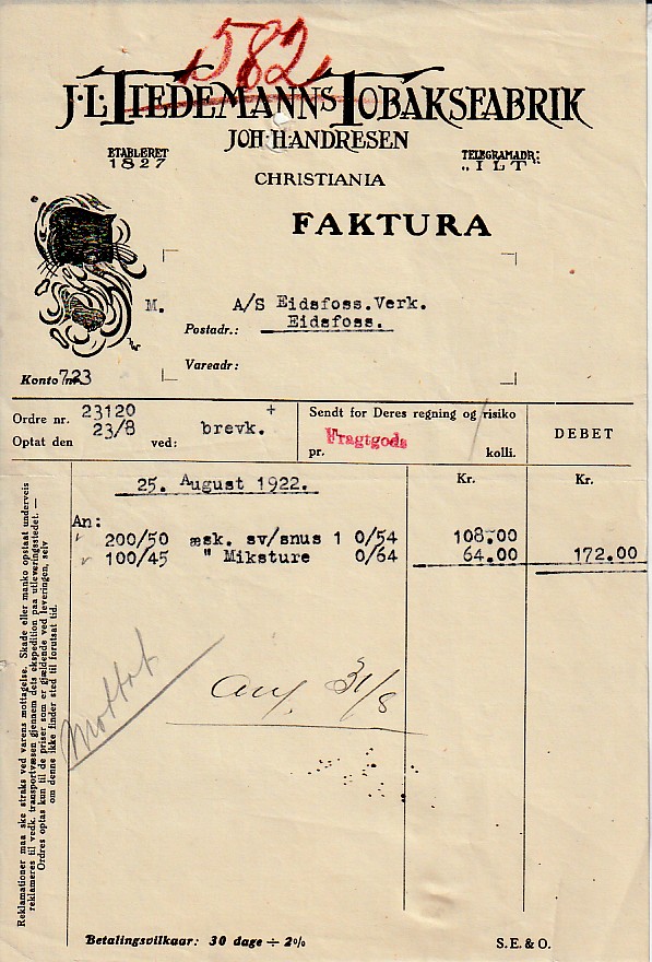 ( 901 ) J.L. TIEDEMANNS TOBAKSFABRIK - CHRISTIANIA 1922