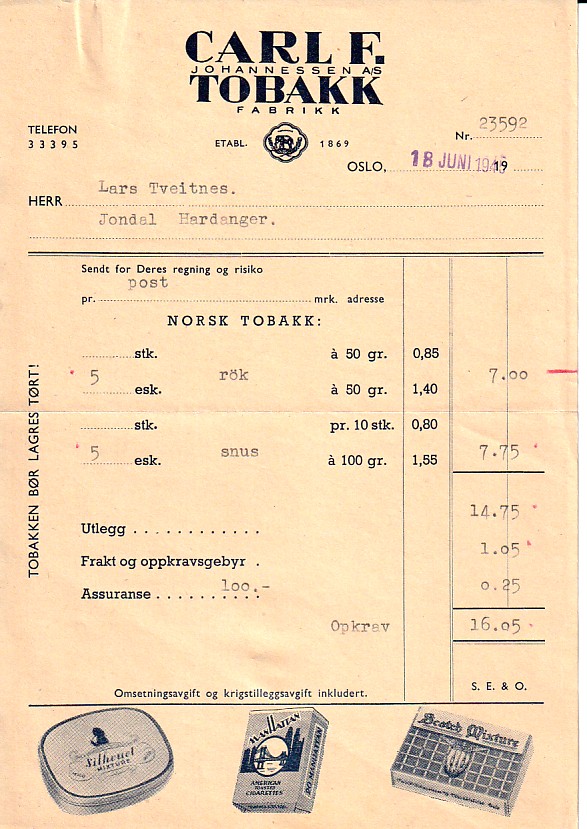 (  902 )  CARL F. JOHANNESSEN TOBAKK FABRIKK- OSLO  1919