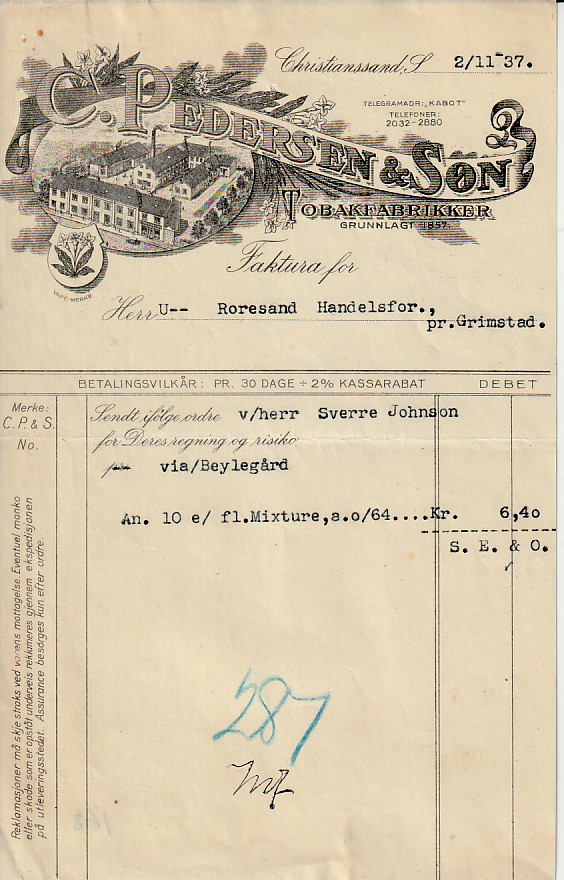 (  902 )  C.PEDERSEN &  SØN TOBAKFABRIKKER - CHRISTIANSAND  1937