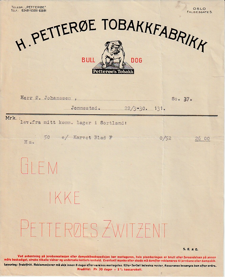 (  904 )  H. PETTERØE TOBAKKFABRIKK-  JENNESTAD   1937