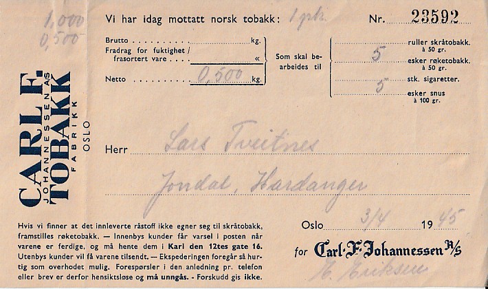 (  905 )  CARL F. JOHANNESSEN TOBAKFABRIK -  OSLO  1945