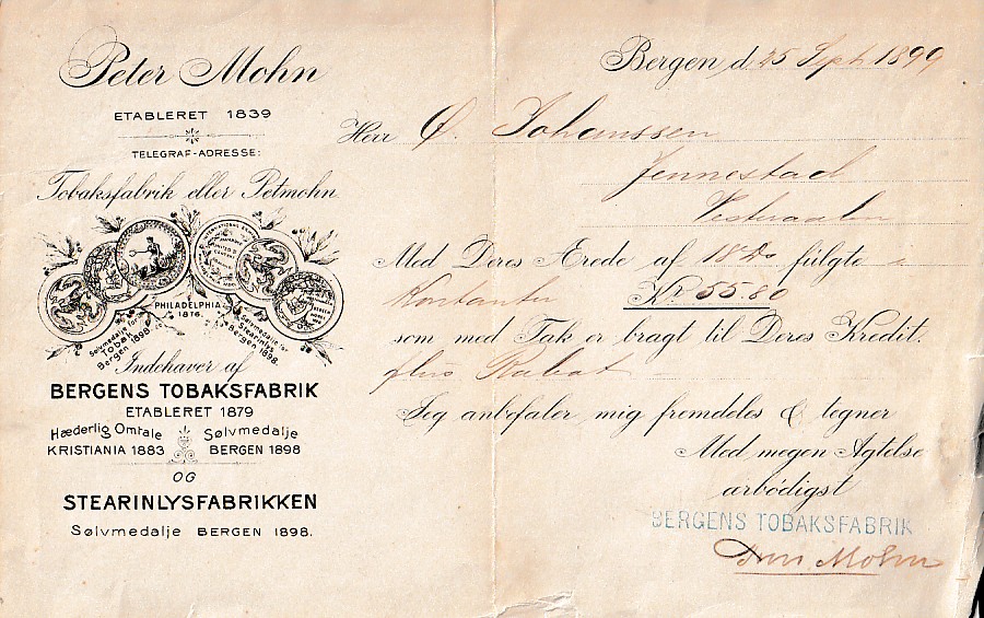 (  906 )  BERGENS TOBAKSFABRIK ( PETER MOHN)  BERGEN  1899