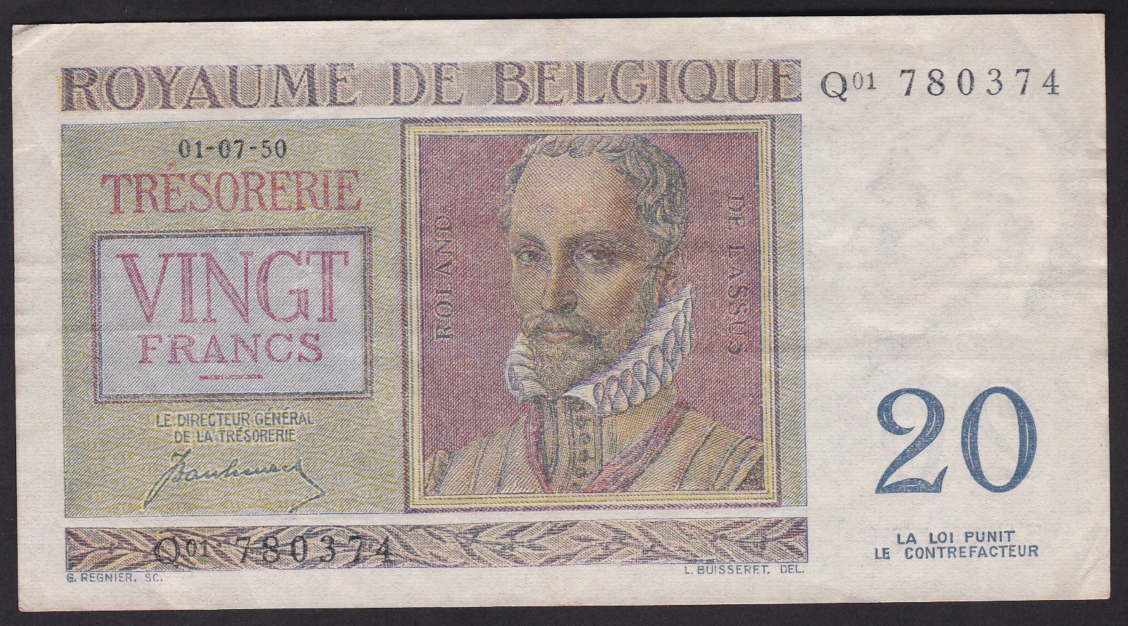 Belgia . 1950 . 20 Francs