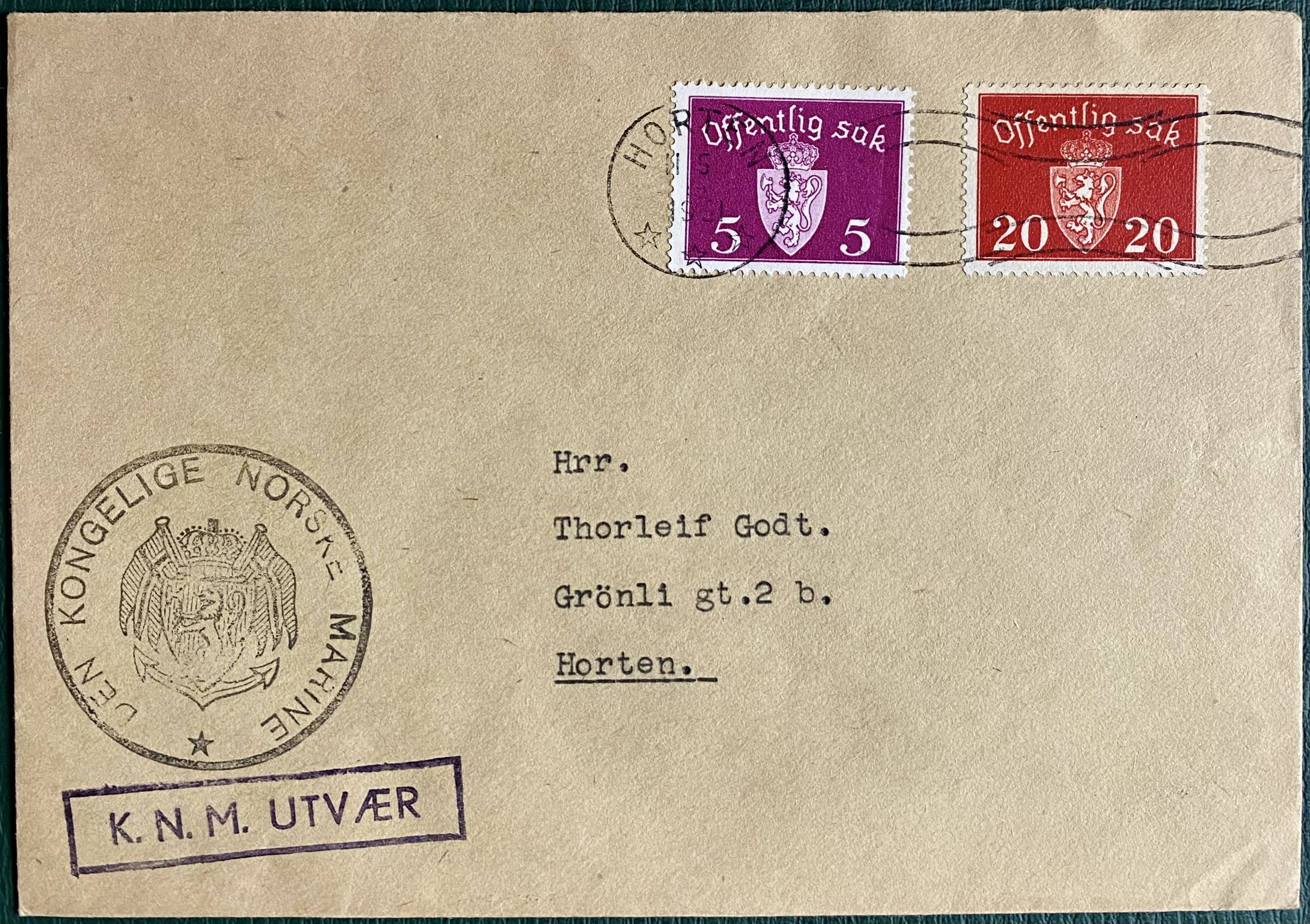 Brev K.N.M. Utvær Stemplet Horten i 1951