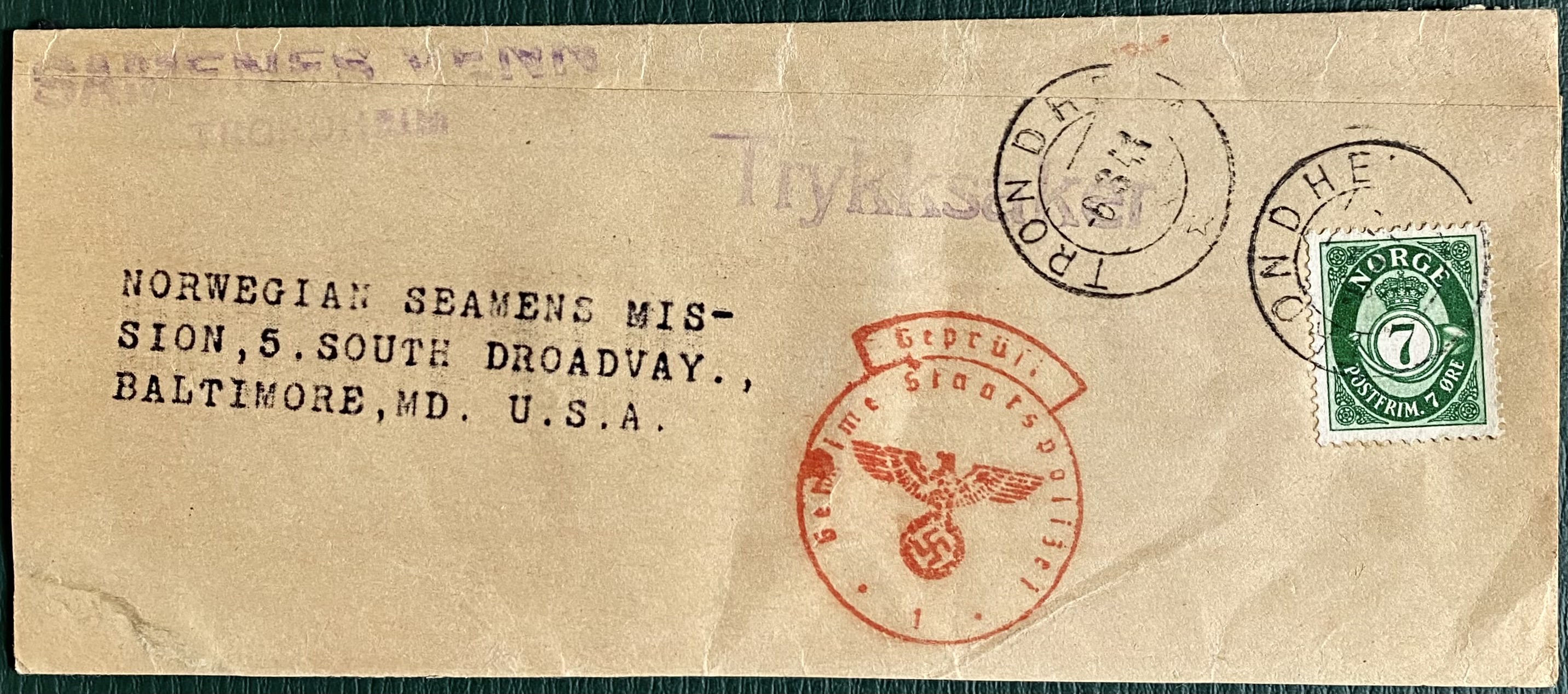 Brevomslag m/Sensurstempel St Samenes venn Trondheim -6 3 41