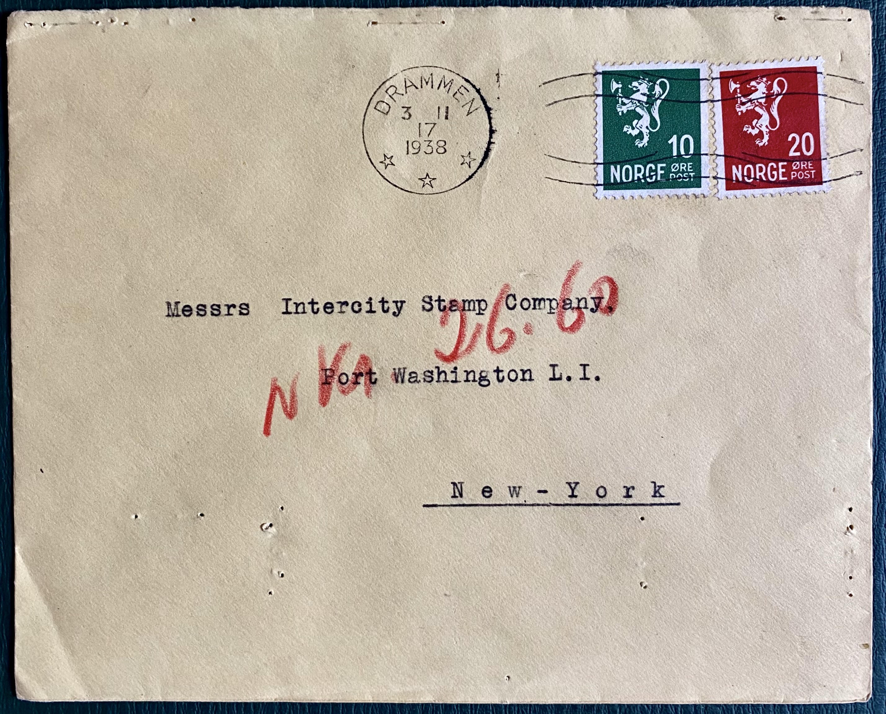 Brev Stemplet Drammen i 1938 Adr New - York