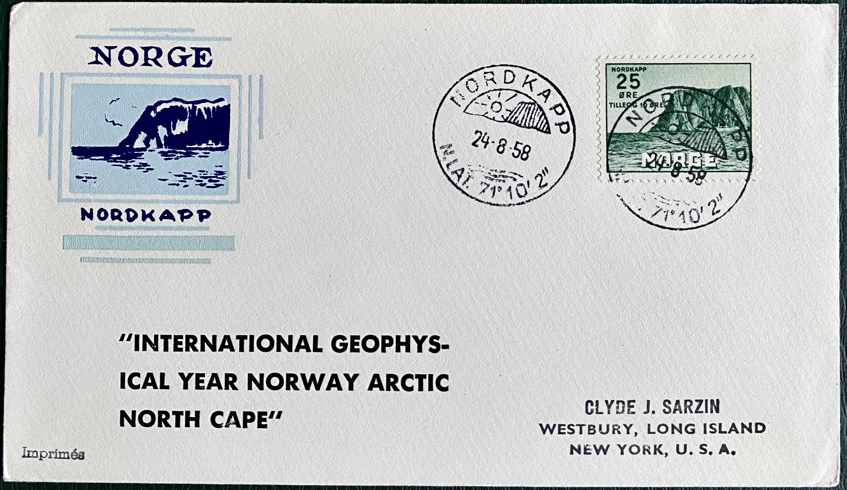 Brev Stemplet Nordkapp 24-8-58 Adr. USA