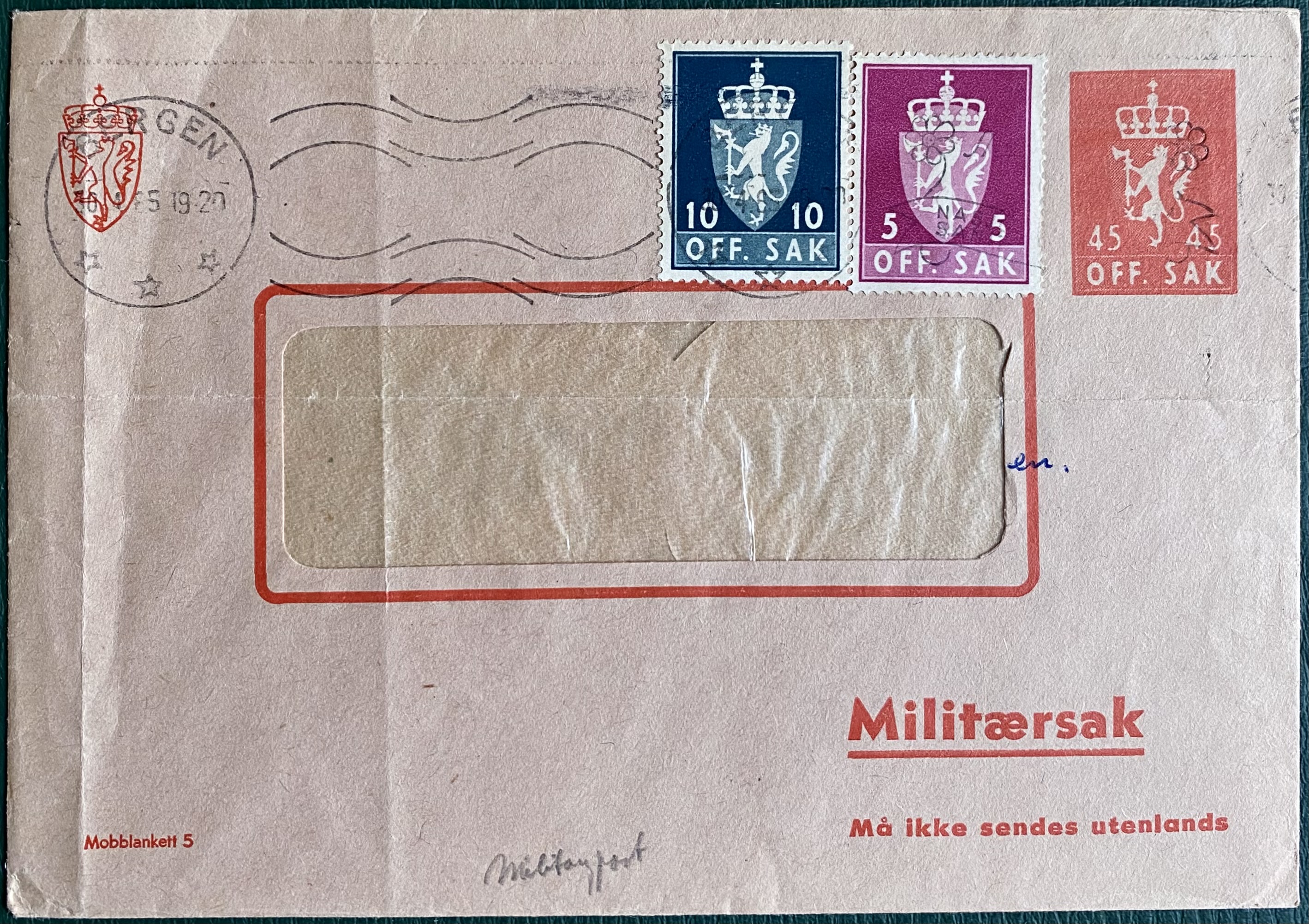 Brev Militærsak Stemplet Bergen 30.4.65