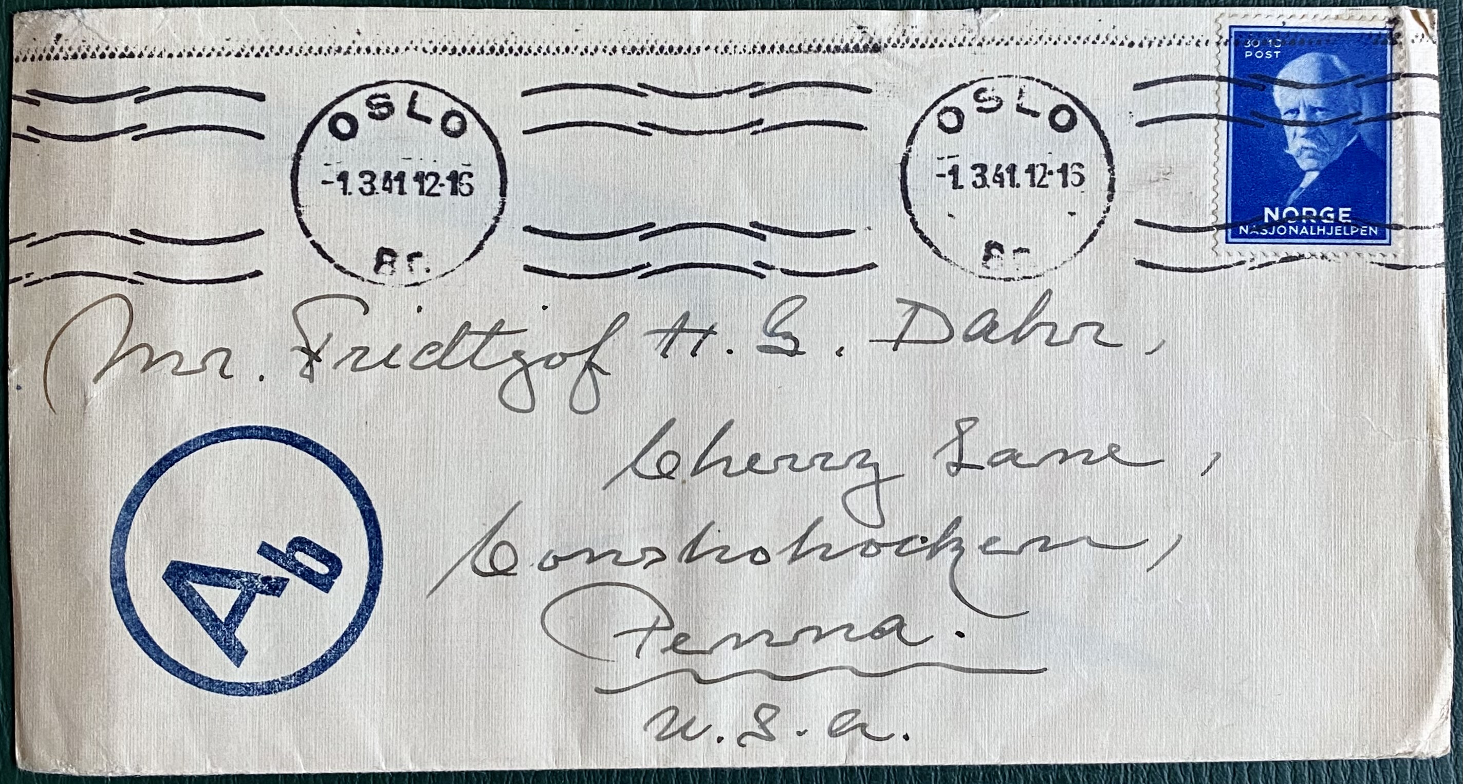 Brev St Oslo -1.3.41 Adr. USA Sensurstempel