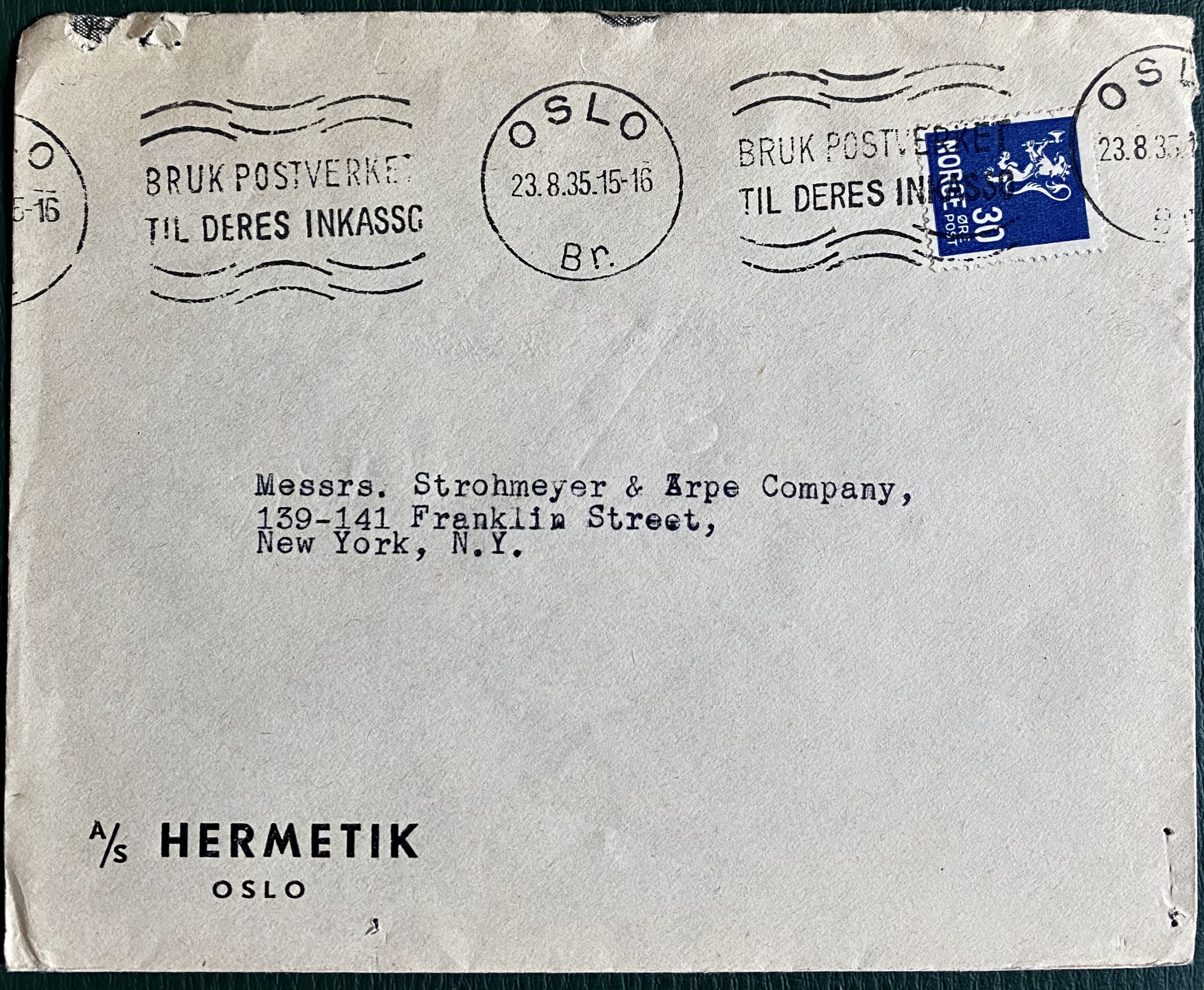 Brev A/S Hermetik St Oslo 23.8.35 Adr. New York
