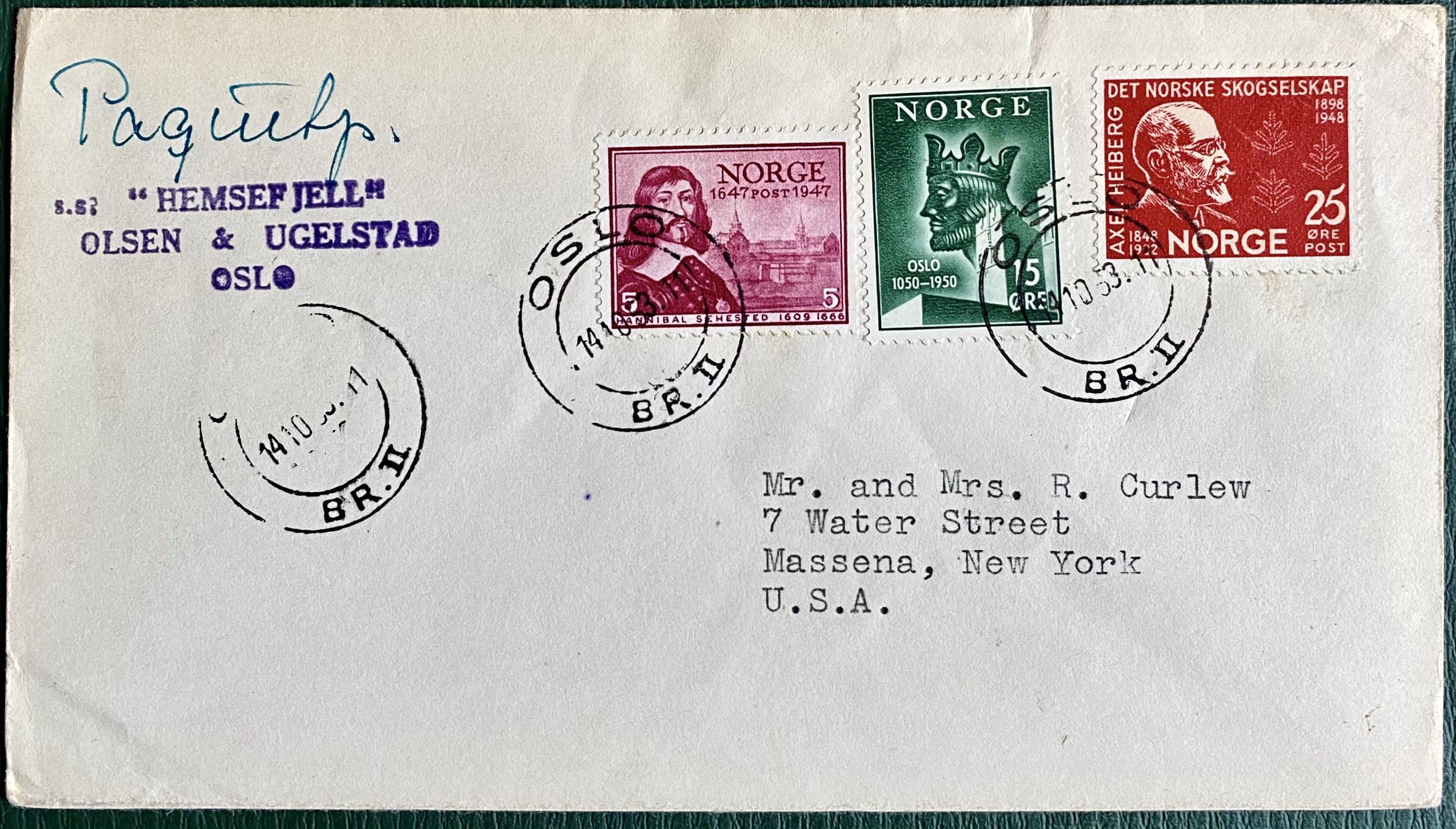 Brev s.s. "Hemsefjell" Olsen & Ugelstad St Oslo 14.10.53 Adr. New York U.S.A.
