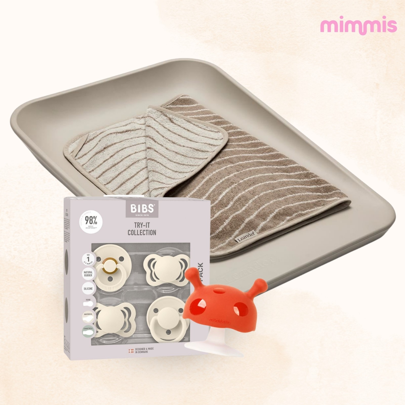 Babypakke 2: Leander Matty stellematte, stelleunderlag, Bibs smokker og Mombella bitering