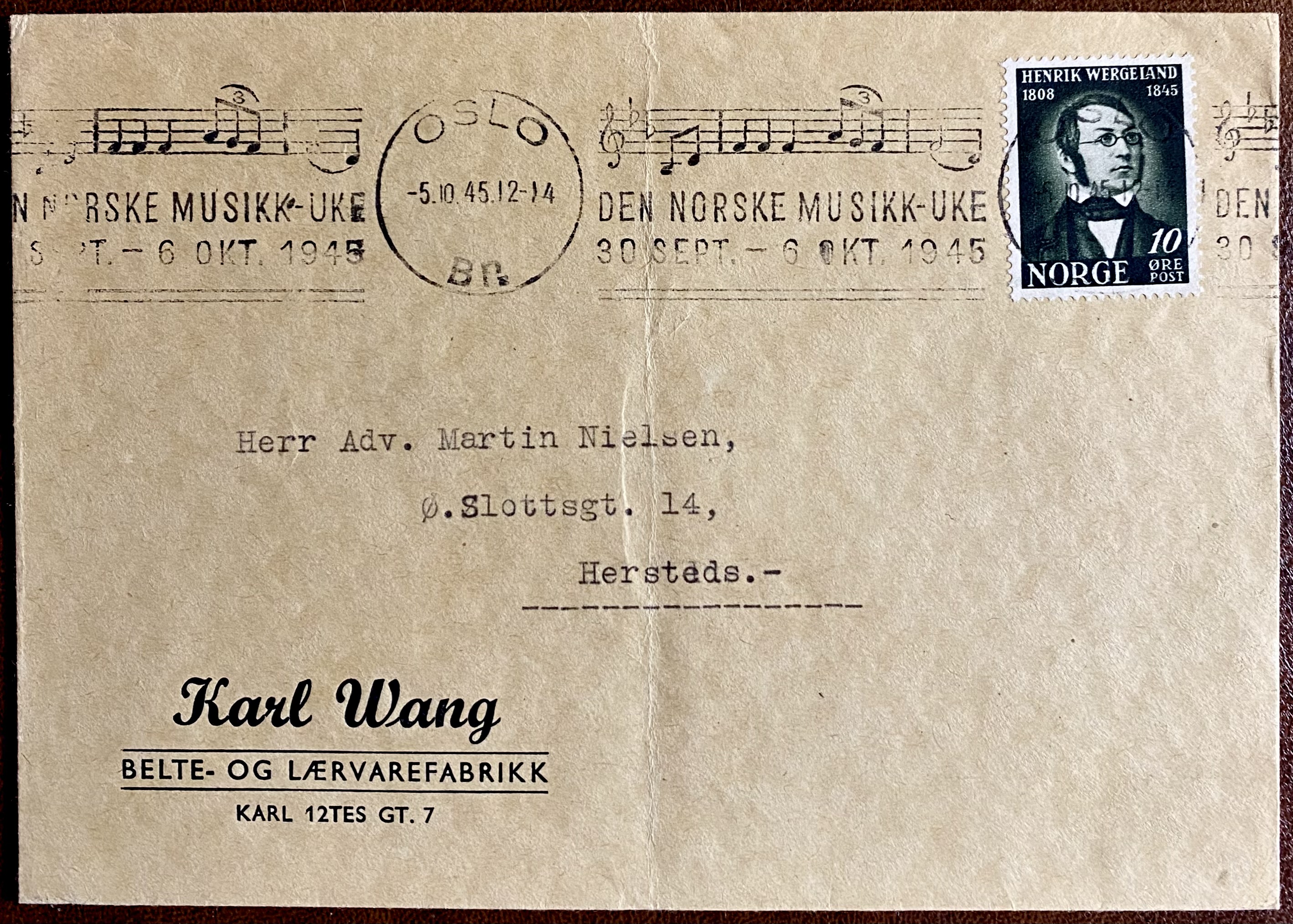 Brev Karl Wang Belte- og Lærvarefabrikk Karl 12tes gt. 7 St Oslo i 1945