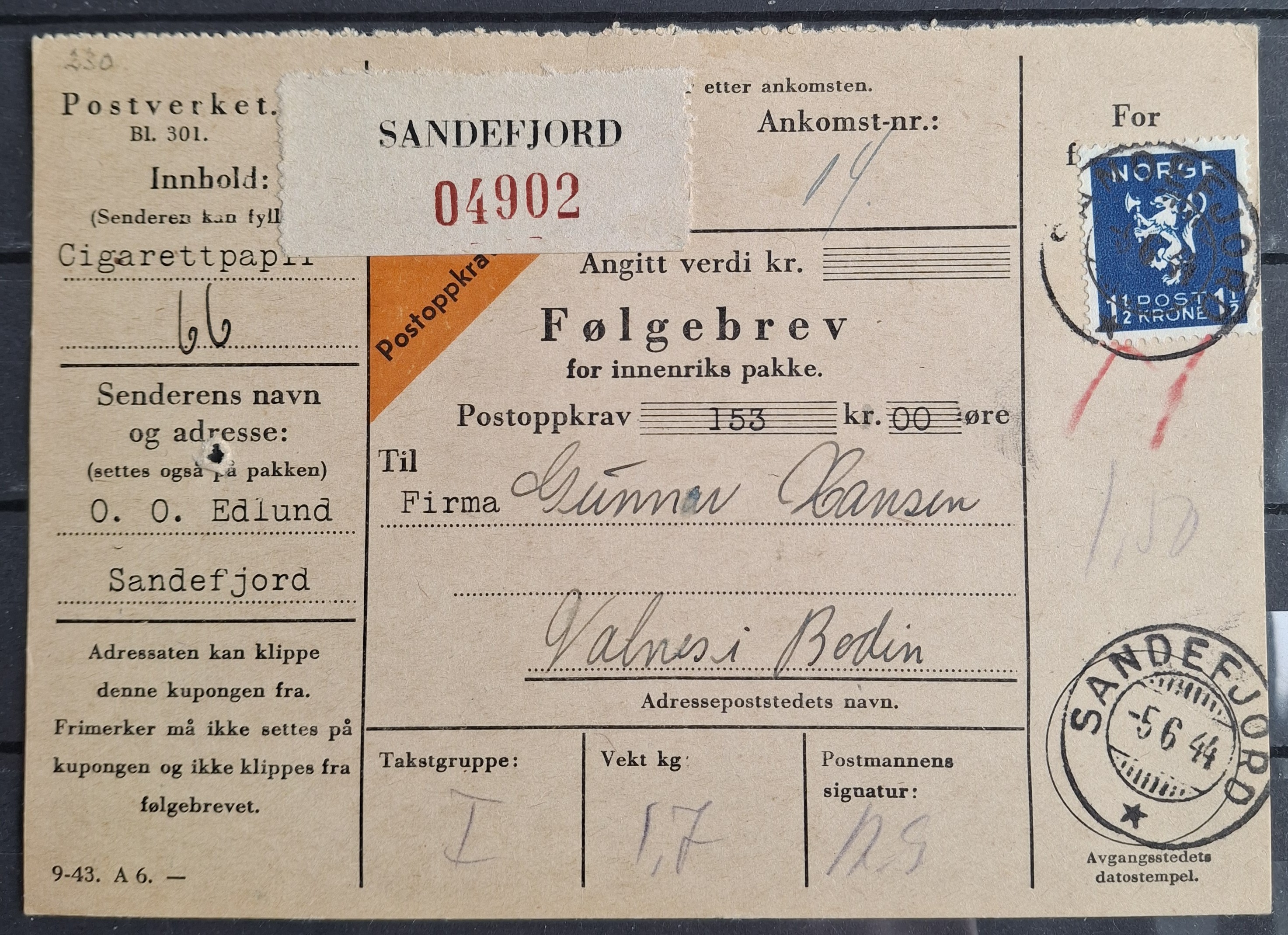 Følgebrev postoppkrav stp 5-6-44
