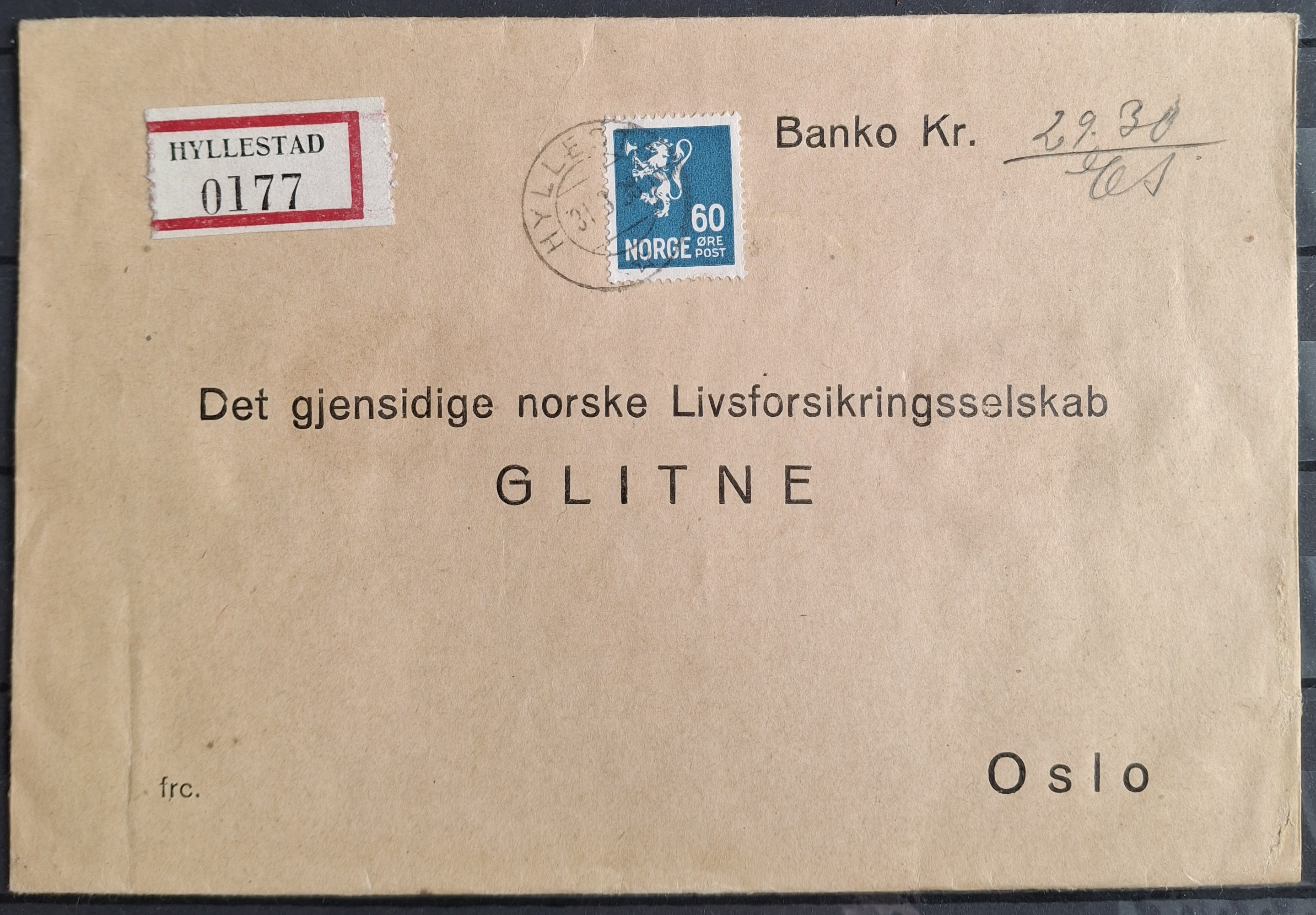 Banko brev Rek stp Hyllestad 31 3 39